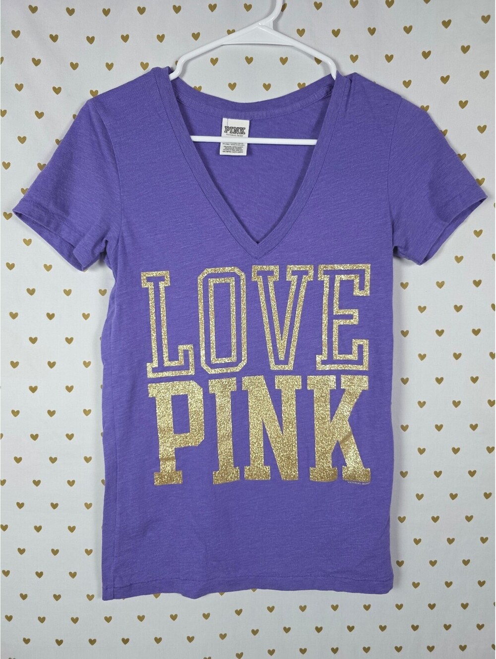 Victorias Secret PINK GLITTER BLING LOVE V neck Purple Tee shirt XS